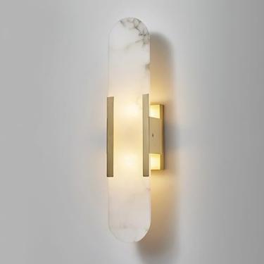 Imagem de Arandela de parede moderna e simples, em mármore natural, design oval, modelo G4, para sala de estar, quarto, corredor, restaurante, hotel (dourada, grande).