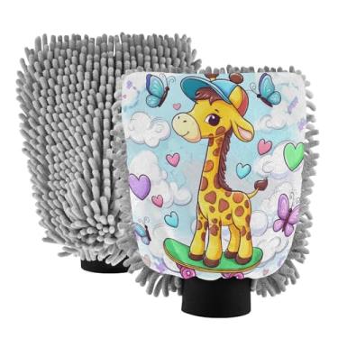 Imagem de STAYTOP Luvas fofas de girafa para lavagem de carro, 2 peças, luvas de microfibra de chenille, sem arranhões, panos de esponja de lavagem ultra absorventes para carros, limpeza doméstica - M