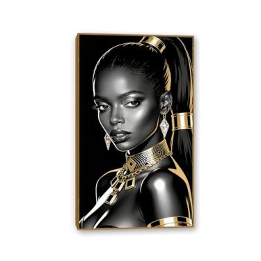 Imagem de Arte de parede em tela de mulher afro-americana preta dourada imagem de parede de menina negra pintura moderna sala de estar quarto decoração de casa 30 x 52 cm (12 x 21 pol) cor teca