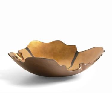 Imagem de Fruteira Prato de frutas irregular em vidro dourado com design artístico em preto, travessa moderna para servir e decorar a mesa. Decoração de mesa