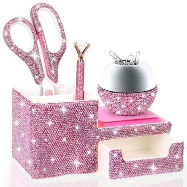 Imagem de MultiBey Organizador de mesa rosa com gaveta, conjunto de artesanato brilhante 4 em 1, tesoura de strass e caneta de diamante, dispensador magnético de clipe de papel para mesa, acessórios de mesa