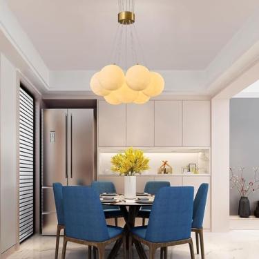 Imagem de Lustre pendente moderno com 7 lâmpadas em formato de bola, criativo, G9, para sala de jantar, com iluminação em formato de bola pequena na cor branca cremosa, altura ajustável, ideal para qu