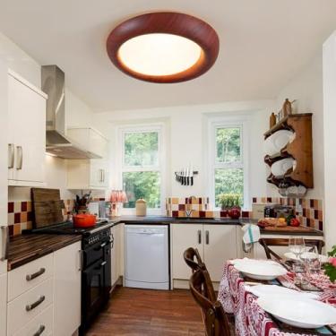 Imagem de Luminária de teto estilo rústico, LED dimerizável, cor madeira, cúpula de acrílico, formato retrô clássico, ideal para quarto, sala de jantar, sótão, corredor, estilo wabi-sabi (cor nogueira