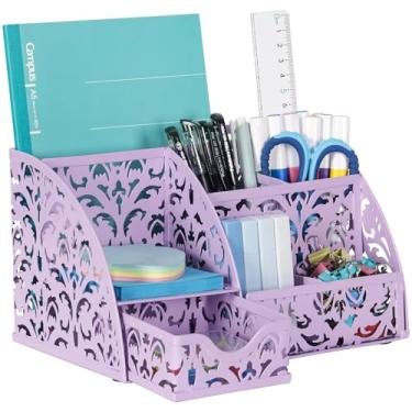 Imagem de EasyPAG Porta-canetas, organizador de mesa com gaveta, copo para mesa, 6 compartimentos, armazenamento de metal para escritório, com suporte de notas adesivas para escola, casa, escritório, roxo