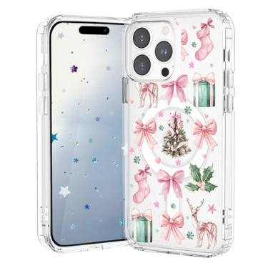Imagem de VibrantFruitique Capa de Natal para iPhone 16, capa magnética transparente com laço rosa, compatível com MagSafe, capa protetora à prova de choque de TPU macio com anel magnético integrado para