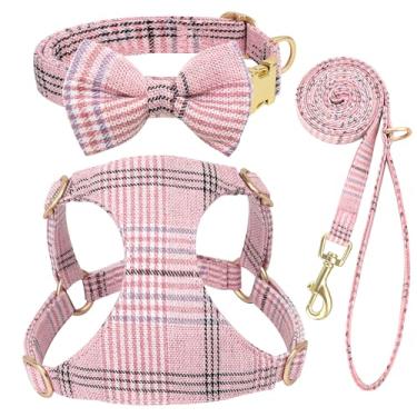 Imagem de Beirui Conjunto de coleira e coleira leve para cães pequenos, coleira xadrez macia e coleira com gravata borboleta, ajustável, sem puxar, peitoral pequeno para cães e gatos andando (rosa, PP)