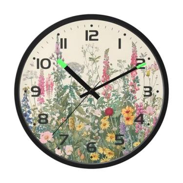 Imagem de SEHANY Herb Wildflower Relógio de parede silencioso sem tique-taque relógio redondo operado por bateria 30 cm controle de som luz noturna relógios de parede para sala de estar, cozinha, quarto
