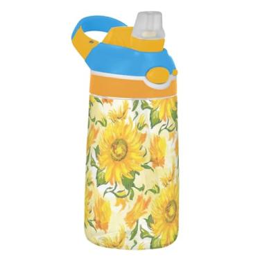 Imagem de Garrafa de água esportiva infantil floral amarelo claro para escola, garrafa de água Tritan de 473 ml com canudo, reutilizável à prova de vazamento, alça de transporte