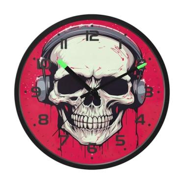 Imagem de SEHANY Relógio artístico de parede de caveira silencioso, sem tique-taque, relógio redondo operado por bateria, controle de som, luz noturna, relógios de parede para sala de estar, cozinha, quarto