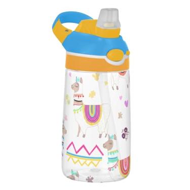 Imagem de Garrafa de água infantil Tritan de 473 ml com tampa de canudo à prova de vazamento, garrafa de água esportiva para escola, copos de viagem portáteis de 473 ml para crianças, alça de transporte, lhamas