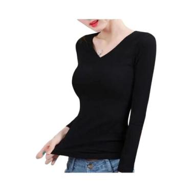 Imagem de Camiseta Térmica Feminina De Manga Longa Com Decote Em V, Ajuste Slim 