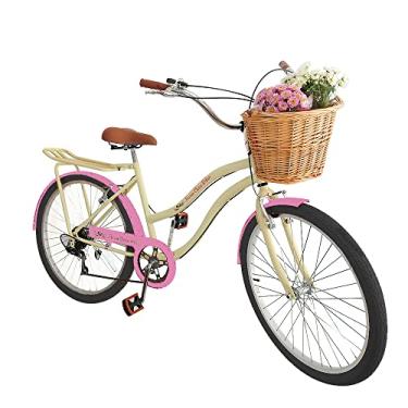 Imagem de Bicicleta Aro 26 Retrô Vintage Feminina Cesta Vime Bege Rosa