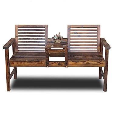 Imagem de LOERSS Banco externo com mesa de centro, cadeiras de jantar ao ar livre modernas de madeira maciça, banco ao ar livre com apoios de braços, para varanda de jardim de quintal (142 cm, 142 cm)