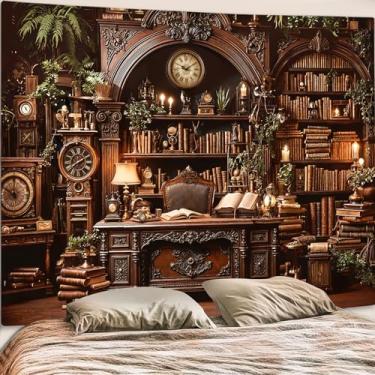Imagem de Motanber Tapeçaria de estante medieval, tapeçarias vintage de biblioteca, pendurar na parede, gótico, Dark Academia, livro retrô, tapeçaria extragrande para quarto, sala de estar, dormitório, 228,5 x