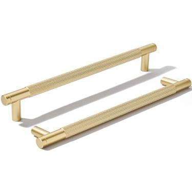 Imagem de khtumeware Pacote com 5 puxadores de alumínio de 256 mm (10 pol.) Puxadores de armário dourados serrilhados puxadores de gaveta ferragens de cozinha puxadores de cozinha para armários puxadores de