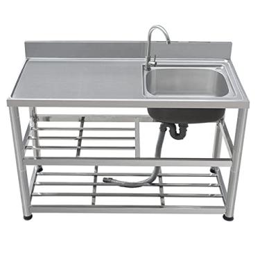 Imagem de Pia de cozinha de aço inoxidável, pia de cozinha embaixo da montagem, tigela única de aço inoxidável, com bancada de trabalho e prateleiras de armazenamento internas e externas, com torneira e dreno