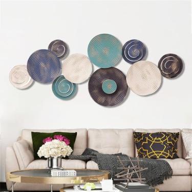 Imagem de Grande arte de parede de metal geométrico redondo decoração de parede para sala de estar, 3D azul marrom branco círculo esculturas decoração de parede moderna arte para quarto, sala de jantar