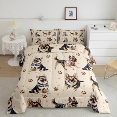 Imagem de Manfei Jogo de cama solteiro fofo de pastor alemão, estampa de patas de cachorro, decoração de quarto de meninos e meninas, edredom de animais de estimação com desenho animado, marrom bege, 1 fronha