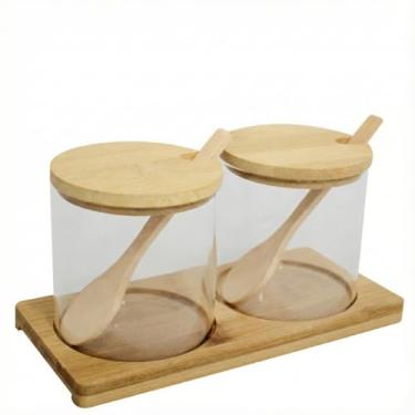 Imagem de Kit 2 Potes Porta Condimentos 300ml de Vidro Base e Tampa Hermética de Bambu Colher Suporte Organizador Ideal para Temperos Açúcar Café Especiarias Armazenamento de Alimentos Prático e Elegante