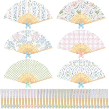 Imagem de Roowest 36 peças de ventilador de mão dobrável floral em massa leques dobráveis de mão retrô papel dobrável à mão para lembrancinha do país das maravilhas jardim chá de bebê noiva casamento quarto