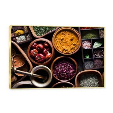 Imagem de NHLDZYH Moldura dourada. Arte de parede em tela de especiarias coloridas e colher de tempero | Decoração de cozinha vintage | Arte moderna para casa e sala de jantar. C112. 40 x 60 cm - 15,8 x 23,7