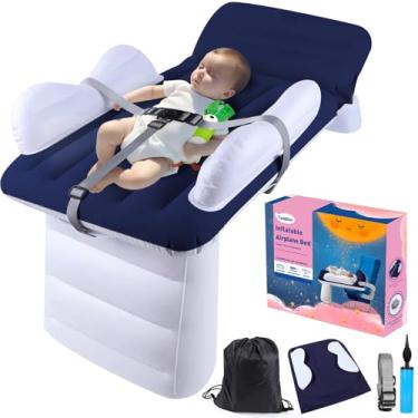 Imagem de FOVERN1 Colchão inflável de avião infantil, cama de viagem infantil inflável, extensor de assento de avião, colchão inflável para bebês com laterais, cinto de segurança, bomba manual e bolsa