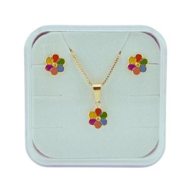 Imagem de Conjunto Infantil Brinco e Colar Florzinha Folheado a Ouro - Tarraxa B