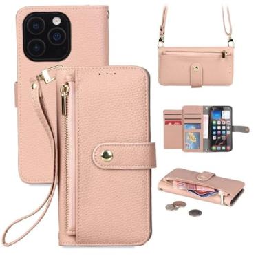 Imagem de Capa carteira com zíper, transversal, para iPhone 17 Pro Max, 16e, 16, 15, 14, 13, 12, com alça de pulso, alça de ombro e suporte para celular, rosa.