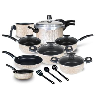 Imagem de Jogo de Panelas Teflon com Panela de Pressão 2.5L - Fechamento Externo, 11 Peças Completas para Cozinhas Domésticas (OffWhite)