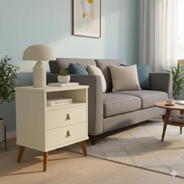 Imagem de Mesa de Cabeceira Para Quarto Roma Bide 2 Gavetas Puxador em Couro Pés Palitos Retrô (Off White)