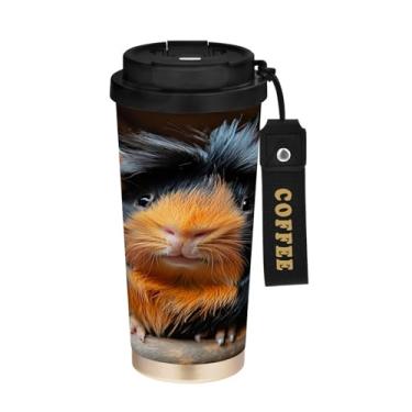 Imagem de STAYTOP Linda caneca de café de viagem com isolamento de porquinho-da-índia 500 ml, copo de café reutilizável de aço inoxidável com tampa flip à prova de vazamento à prova de vazamento para escritório