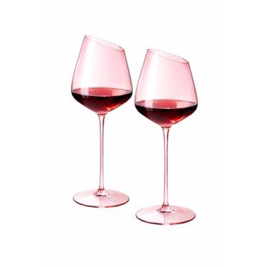Imagem de Coolcapis 2 peças de taça de vinho grande rosa assimétrica com borda inclinada, design moderno para vinho tinto, rosé e entretenimento – Tigela de vidro premium de 11,4 cm de largura, 25 cm de altura
