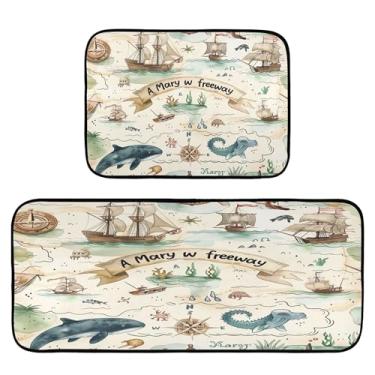 Imagem de xigua Conjunto de 2 peças de tapetes e tapetes de cozinha em aquarela com mapa de pirata antigo, absorvente, macio, para chão, tapete de cozinha, antiderrapante, 50 x 120 cm + 50 x 70 cm