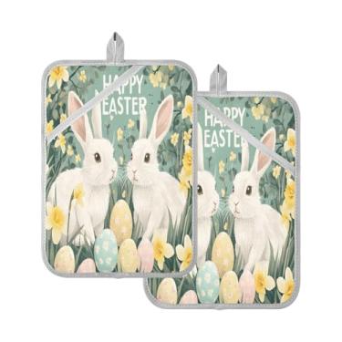 Imagem de STAYTOP Pacote com 2 pegadores de panela de ovos de Páscoa e coelhos fofos, almofadas quentes de forno resistentes ao calor com bolsos, conjuntos de suportes de panela antiderrapantes para cozinha