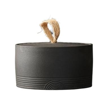 Imagem de Vasilha decorativa de cerâmica áspera com tampa e alça de transporte recipiente de chá selado vintage doméstico (preto)