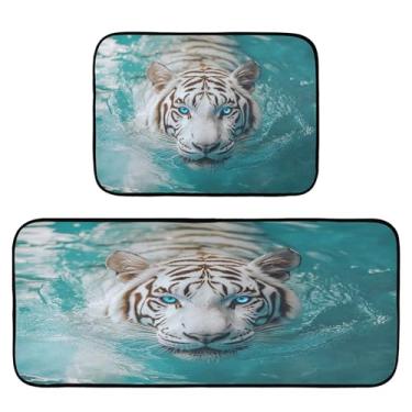 Imagem de xigua Conjunto de 2 peças de tapetes e tapetes de cozinha de tigre branco absorvente macio para chão tapete de cozinha antiderrapante conjunto de capacho de cozinha, 50 x 120 cm + 50 x 70 cm