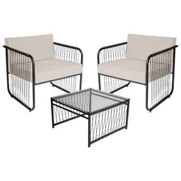 Imagem de Conjunto 2 Poltronas E Mesa Centro Fibra Sintética Córdova Preto-branco