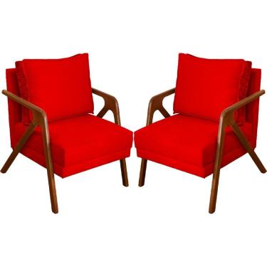 Imagem de Kit 2 Poltronas Decorativa Para Sala Shine Suede Cores Pé Castanho - Vermelho, Suede
