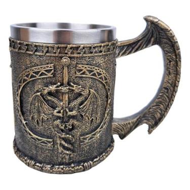 Imagem de Caneca Medieval Artesanal Espada Dragão Geek 3D em Resina Copo em Aço 