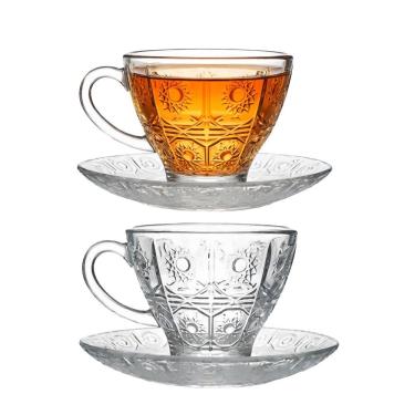 Imagem de Jogo 2 Xícara De Chá Vidro Transparente Com Pires Bohemia Café Relevo 220ml Em Casa Tem