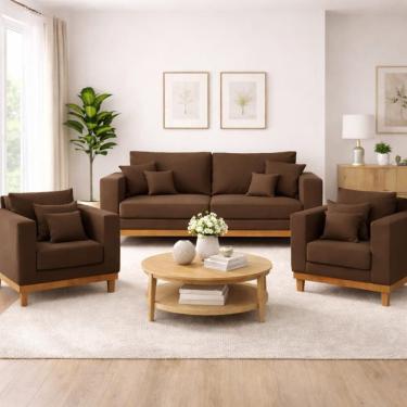 Imagem de Kit 2 Poltronas Living + Sofá 3 Lugares Base Madeira Suede