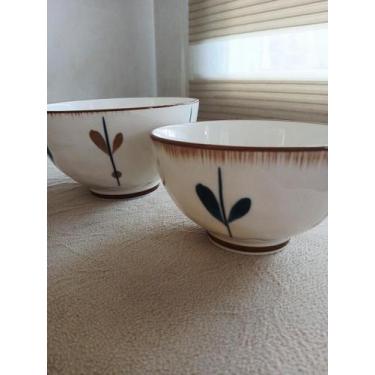 Imagem de Bowl Em Porcelana Estilo Japandi Estampa Folhas Azul E Marrom Premium 