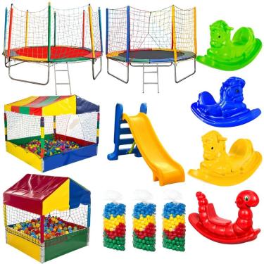 Imagem de Kit Infantil Completo Cama Elástica 3,05m 2,44m Piscina de Bolinhas 1,50m 1,00m 1500 Bolinhas Escorregador Gangorra