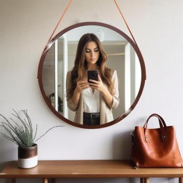 Imagem de Espelho Redondo Decorativo Suspenso Com Alça 30cm + Suporte Marrom Alç