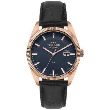 Imagem de Relógio Masculino Technos Riviera Rosé Analógico de Couro Preto 2317AK-0A