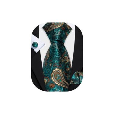 Imagem de Conjunto de gravata Barry.Wang Paisley em seda verde-azulado