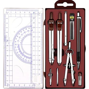 Imagem de Outus Conjunto de geometria de 13 peças para estudantes transferidor de matemática bússola com réguas de lápis mecânico, refis de chumbo, caixa de armazenamento de transferidores para desenho de
