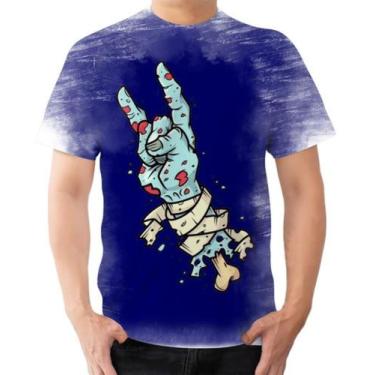 Imagem de Camiseta Camisa Mão Zumbie Rock In Roll Azul - Estilo Kraken