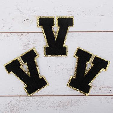 Imagem de Pacote com 3 adesivos "V" de Chenille Iron On Glitter com 5 cm de altura - Tecido de chenille preto com acabamento em glitter dourado - Costurar ou passar a ferro - 5 cm BLK V