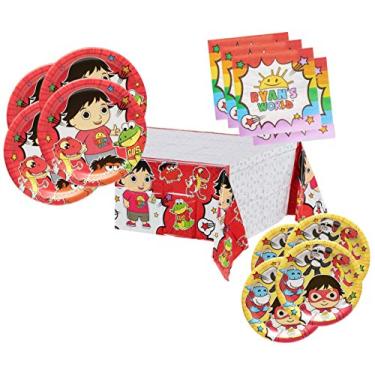 Imagem de Pacote de artigos de mesa para 16 convidados da Ryan's World Party – Inclui 16 pratos de jantar, 16 pratos de sobremesa, 16 guardanapos de jantar e 1 capa de mesa, pacote